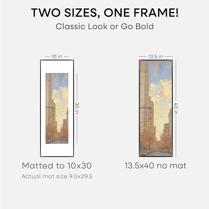 Homeforia 13.5x40 Panoramic Frame Black, High End Metal 13.5x40 Picture Frames with Mat 10x30 Photo, 13.5 x 40 Poster Frame Matted to 10 by 30 Print, 40x13.5 Frames, Tempered Glass, Wall Kit, Set of 3