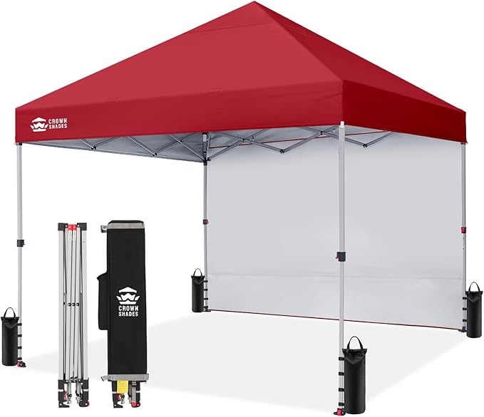 CROWN SHADES 8x8 Pop Up Canopy with 1 Side Wall - Beach Tent with One Push Setup - Outdoor Sun Shade for Events, Parties, Camping - Gazebo with STO-N-Go Cover Bag (Red)