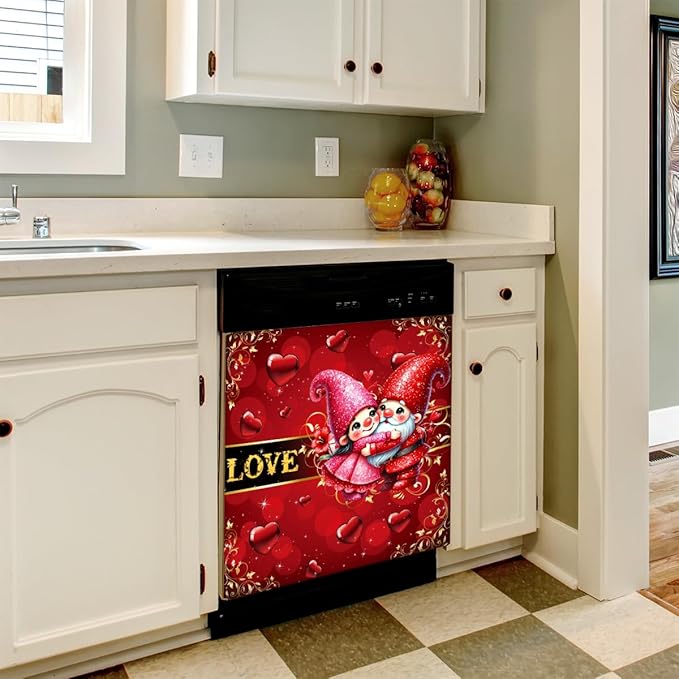 Gnomes Valentine Couple Dishwasher Magnet Cover Front Dishwasher Cover Decor Reusable Magnetic Door Cover Panel Decal Home Appliances Stickers Kitchen Refrigerator Fridge 23"x26"