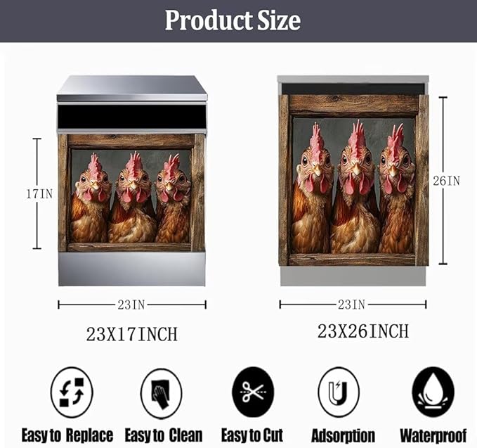 Country Rooster Dishwasher Magnet Cover, Farm Hen Dishwasher Cover for Kitchen Decoration, Chicken Magnetic Refrigerator Magnet Cover Funny Fridge Decal, 23"X26"