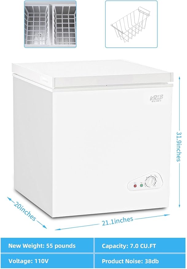Chest Freezer 7.0 Cu.Ft Mini 7 Gears Temperature Control Compact Deep Freezer with Top Open Door and Removable Storage Basket White