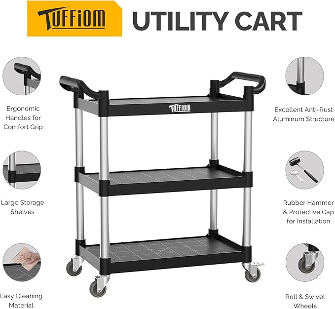 3-Tier Commercial Utility Cart with Wheels, Heavy Duty Rolling Plastic Service Cart, 390 lbs Capacity for Foodservice, Restaurant, Cleaning, Workplace (33.8'' x 16.5'' x 35.8'')