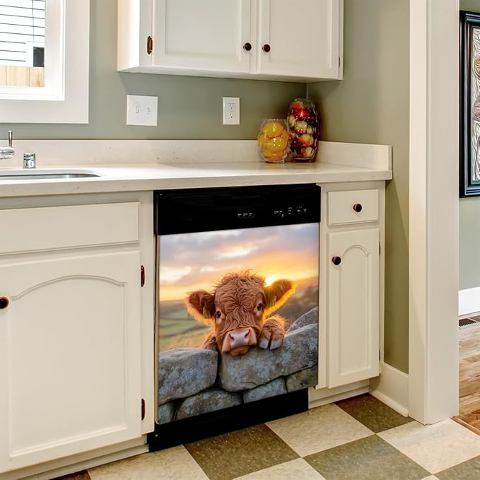 Funny Alpine Cow Dishwasher Magnet Cover Front Dishwasher Cover Decor Reusable Magnetic Door Cover Panel Decal Home Appliances Stickers Kitchen Refrigerator Fridge 23"x26"
