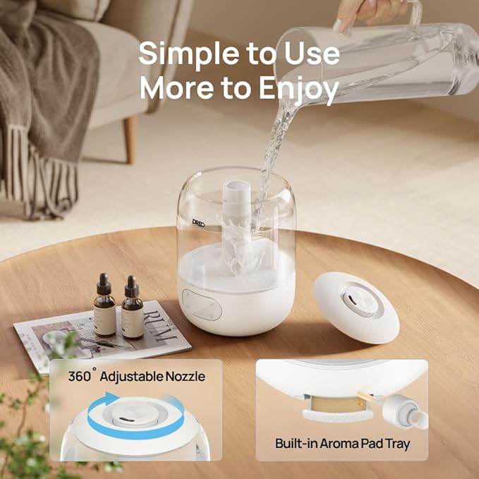 DREO Humidifiers for Bedroom, 3L Top Fill 30H & 26dB Quiet Runtime for Large Room, Cool Mist Ultrasonic Humidifier with Humidity Sensor, Night Light for Home, Baby, Nursery, Plants, New Edition