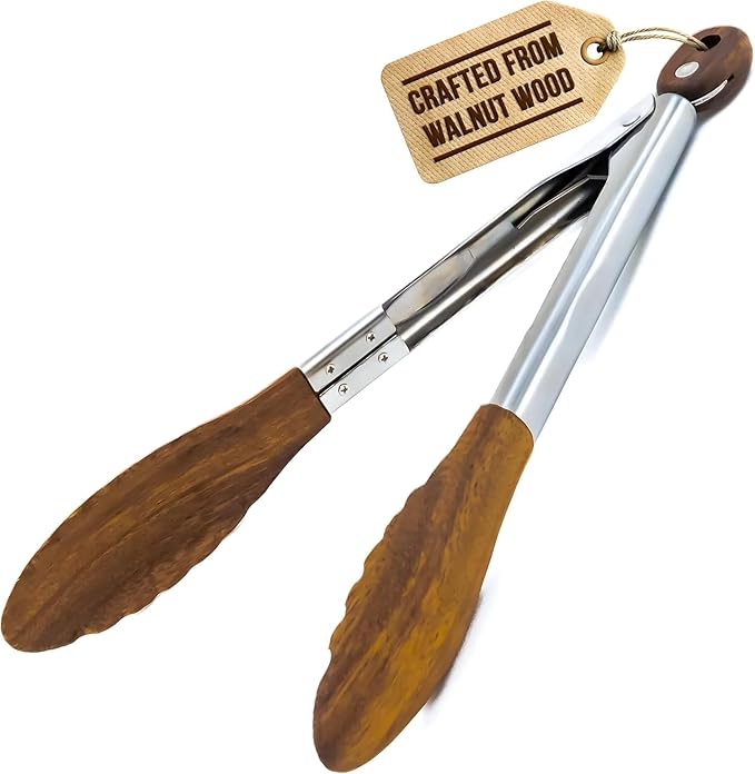 Boxiki Kitchen Wooden Tongs for Cooking - Nonstick Kitchen Salad Tongs for Serving Food, Grilling, Cooking, BBQ and Tossing Salad - Made of Natural Walnut Wood, Size 12-inch