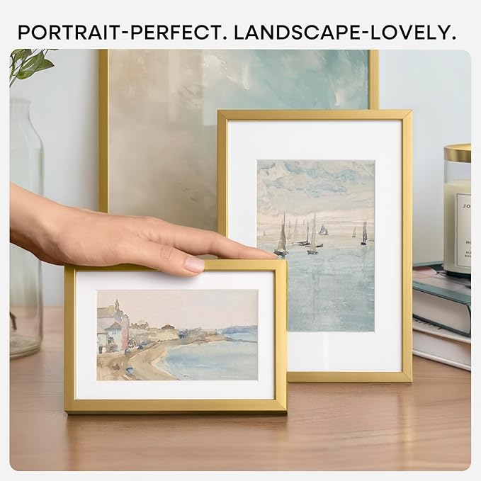 Homeforia 9x11 Gold Frame, High End Metal 9 x 11 Picture Frames with Mat 6 by 8 inch Photo, 9by11 Thin Poster Frame Matted to 6x8 Print, 11x9 Wall or Tabletop Frame, Tempered Glass, Wall Kit, Set of 2