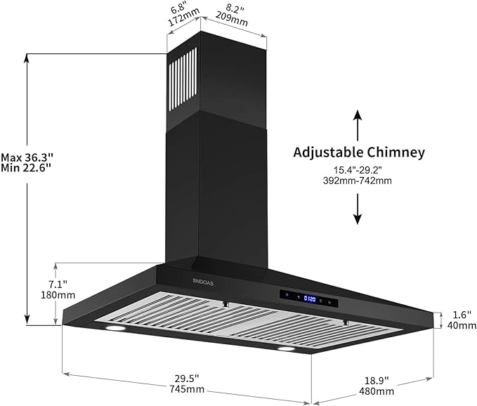SNDOAS Black Range Hood 30 Inch,Stainless Steel Wall Mounted Kitchen Hood with Touch Controls, Ducted/Ductless Convertible,Chimney-Style Stove Hood Vent for Kitchen,Baffle Filters,Black Painted Finish