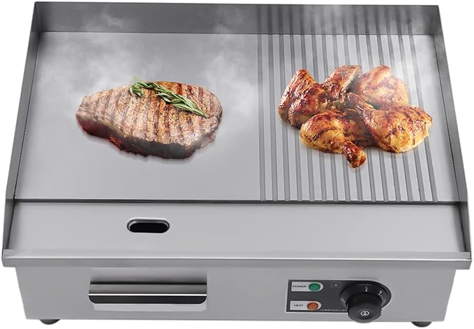 Commercial Countertop Grill 110V 1600W Electric Flat Top Griddle Grill 21.7"x13.8" Flat & Fluted Stainless Steel Flat Top Teppanyaki Griddle Nonstick BBQ Grill Temperature Range 122-572°F