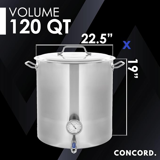 CONCORD Stainless Steel Home Brew Kettle Stock Pot (Weldless Fittings) (120 QT/ 30 Gal)