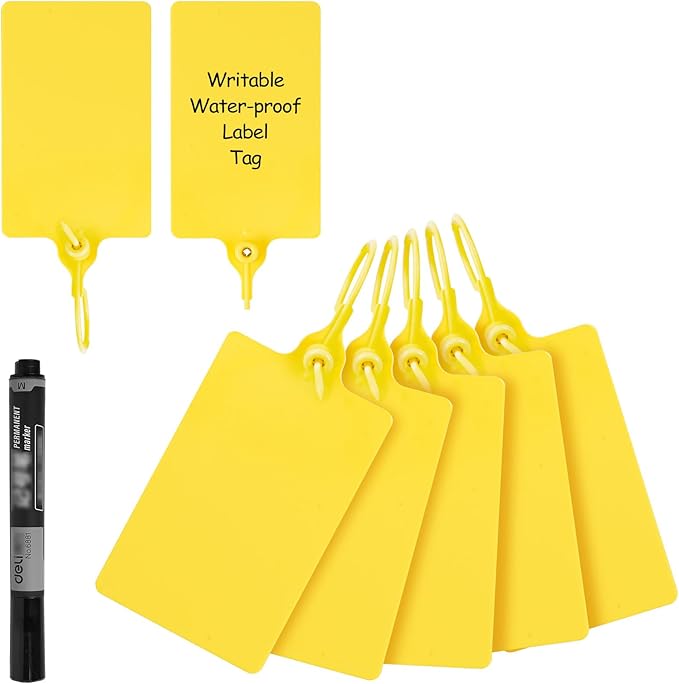 100 Plastic Tags Shipping Tags Waterproof Tags for Labeling Blank Writable Marker Ties Security Seals Storage Hanging Tags Shipping Label with One Marker Pen (Yellow)