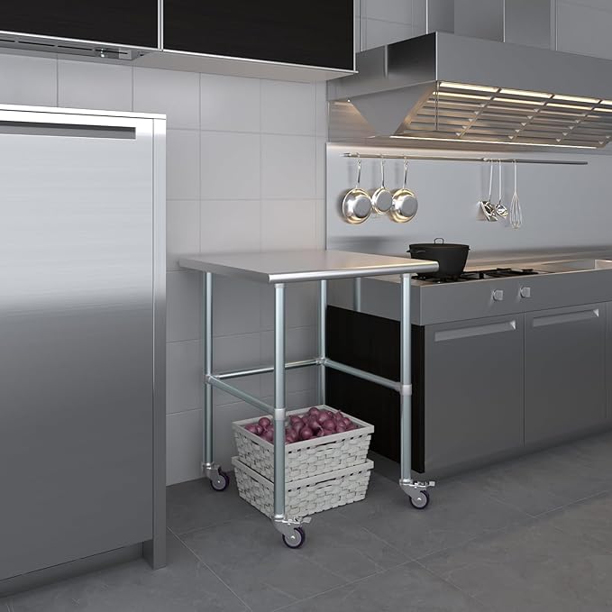 Stainless Steel Work Table Open Base & Wheels | Work Station | Metal Work Bench (Stainless Steel Work Table Open Base + Casters) (36" Long x 30" Deep)