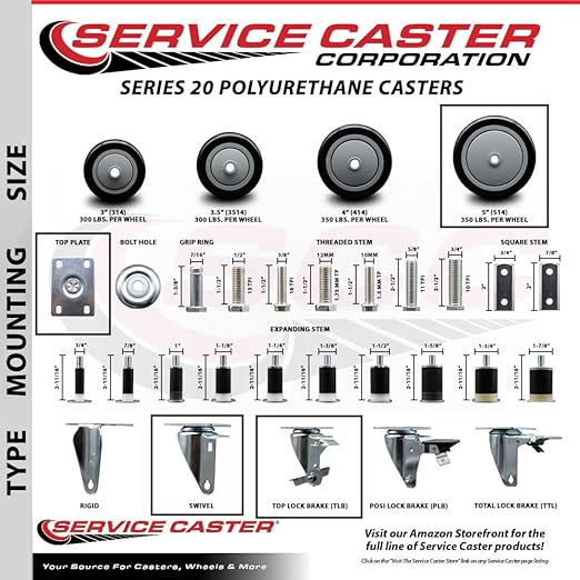 Service Caster Brand Replacement Caster for Uline Caster H-5540SWB - Swivel Top Plate Caster with 5 Inch Black Polyurethane Wheel and Top Lock Brake - Fits Carts, Dollies and Poly Box Trucks H-3840