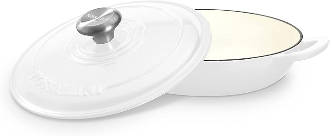 Signature Enameled Cast Iron Braiser, Non-Stick Serving Pot with Tight Fitting Lid for Perfect Roasting, Baking, Sauteing, Searing, and Pan Frying | 5Q (4.7L) - White