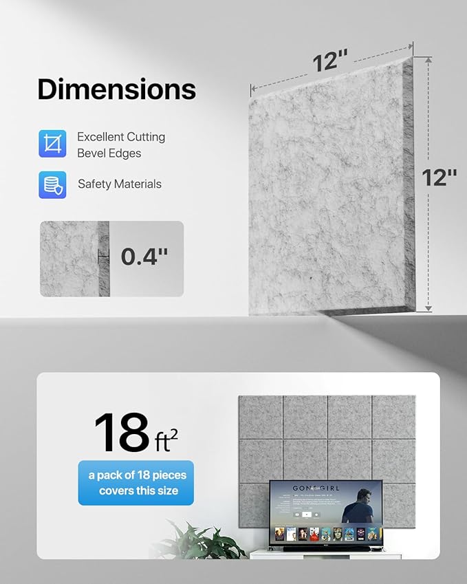 18 Pack Soundproof Wall Panels Self-Adhesive, Square Sound Proof Foam Panels for Wall, High Density Acoustic Panels, Acoustic Panels for Home Office, Reccording Studio 12" X 12" X 0.4" Gray