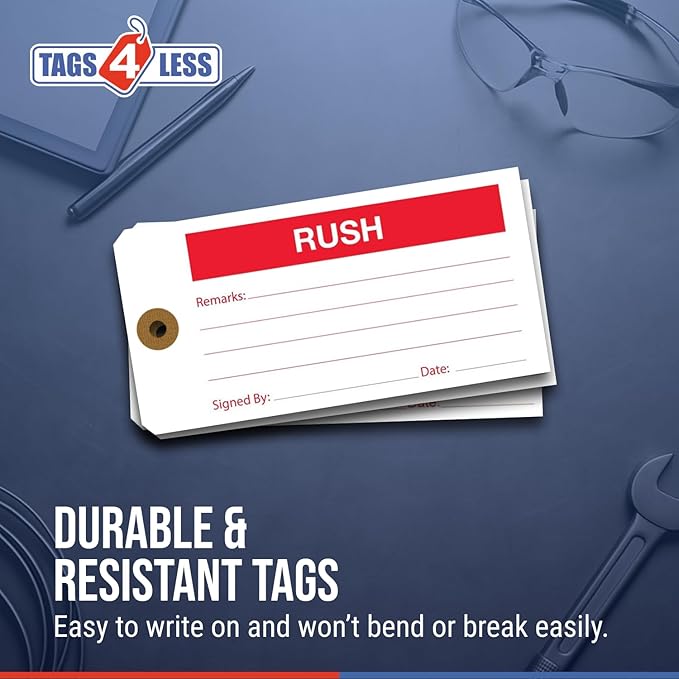 Tags 4 Less Production Quality Control Hang Tags – Equipment Preventative Maintenance Labels, for Easy Record-Keeping for Inventory Status (Rush, Pack of 100)