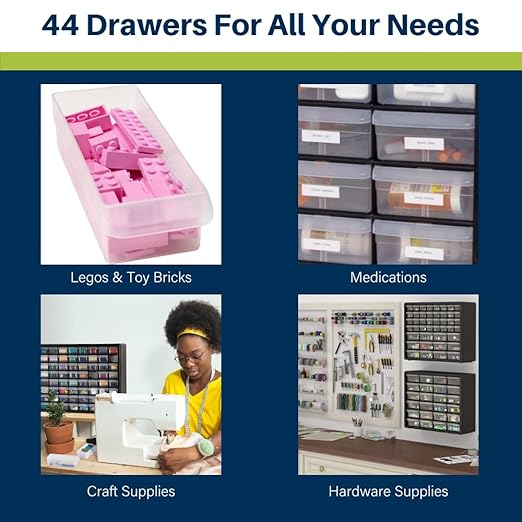 Akro-Mils 44-Drawer Plastic Drawer Storage Cabinet for Garage Organization, Bead Organizer, Building Bricks Storage, Teacher Toolbox, Makeup Organizer, 20" W x 6" D x 16" H, 10144 Black (Pack of 2)