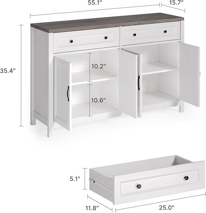 Gizoon Farmhouse Kitchen Sideboard Buffet Cabinet with Storage, Wood Coffee Bar and Storage Sideboard with Drawers and Doors for Kitchen, Dining Room, 15.7" D x 55.1" W x 35.3" H, White/Rustic Brown