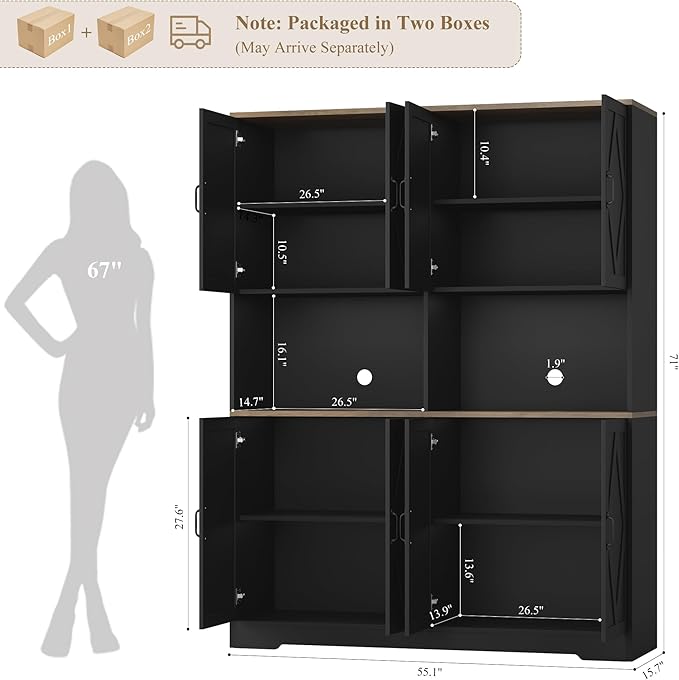HOSTACK 71" Tall Pantry Cabinet, 55" Wide Kitchen Pantry Storage Cabinet, Large Kitchen Hutch with 2 Microwave Stands, Farmhouse Coffee Bar Station with Doors and Shelves for Dining Room, Black