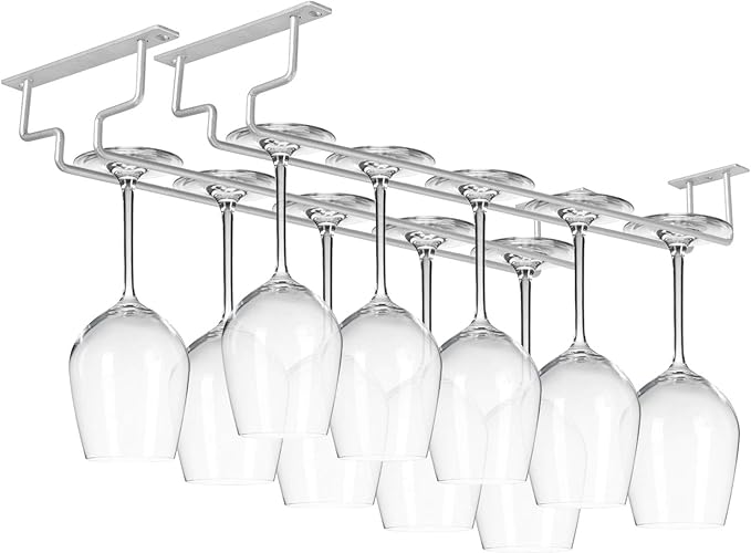 MOCOUM 2 Pack 15.6" Wine Glass Rack - Under Cabinet Stemware Rack, Holds Up To 10 Glasses (Silver, 2 Pack)
