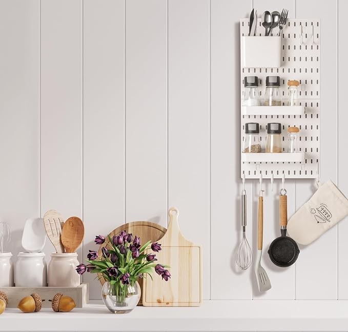 Keepo Pegboard Combination Kit, Pegboards and Accessories Modular Hanging for Wall Organizer, Crafts Organization, Ornaments Display, Nursery Storage, Peg Board (White, 22″×11″)