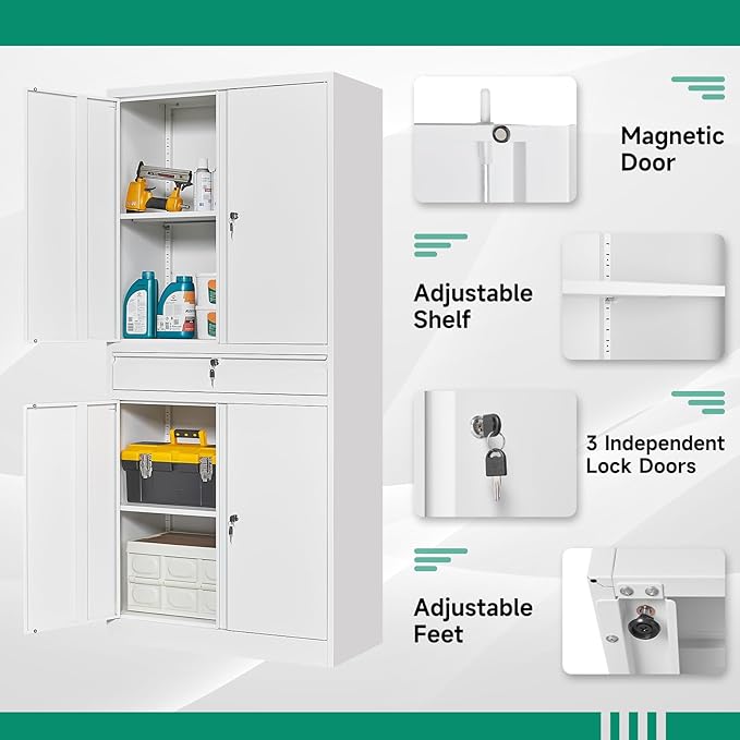 Letaya Metal Garage Storage Cabinet with Drawer,4 Door Tool Cabinet with Lock-2 Adjustable Shelves for Garage Home Office Utility Room (White)