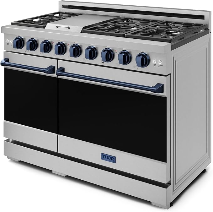 Gordon Ramsay by THOR Kitchen 48 Inch Professional Gas Range with Double Oven in Stainless Steel/Blue
