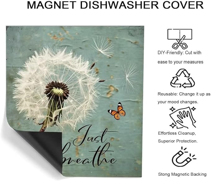 Farm Floral Dandelion Dishwasher Magnet Cover,23"" x 17"" Dishwasher Cover,Retro Countryside Butterfly Magnetic Decal Vinyl Sticker Kitchen Decor Refrigerator Magnets Self Adhesive Wrap, Just Breathe