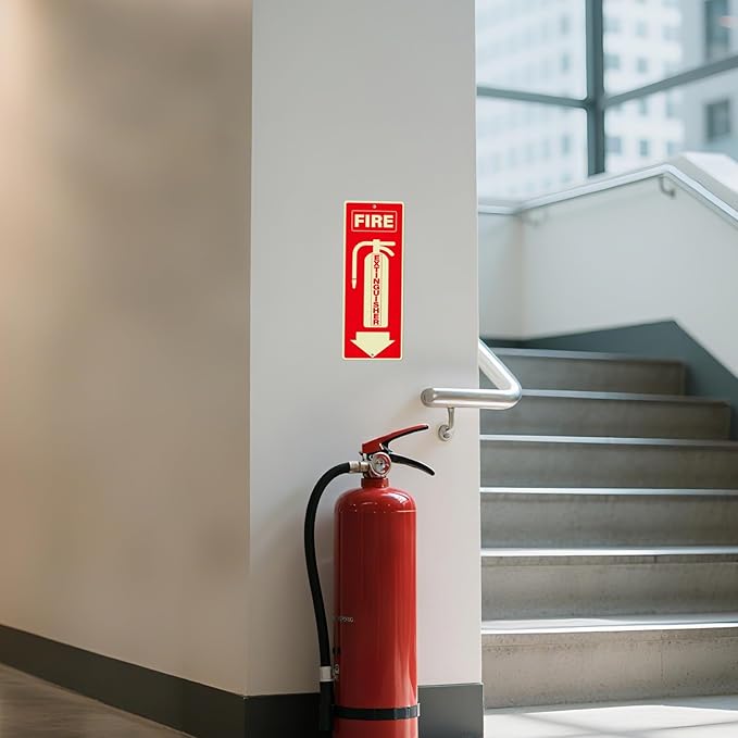 3 Pack Fire Extinguisher Signs 10 × 4 Inches Glow in the Dark Aluminum Sign Waterproof UV Protected Fade Resistance Signage for Home Office Business