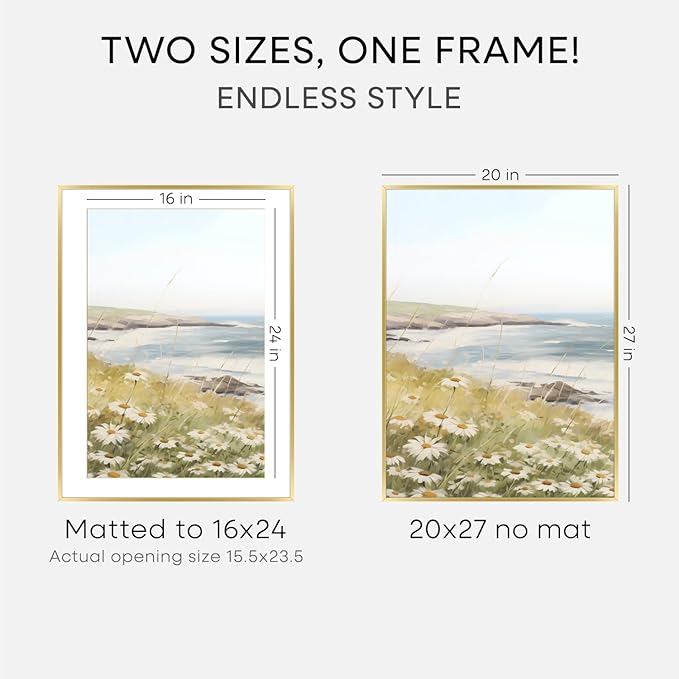 Homeforia 20x27 Picture Frame Gold, High End Metal 20x27 Poster Frames with Mat 16x24 Photo, 20 x 27 Gold Frame Matted to 16 by 24 Print, 27by20 Thin Hanging Frames, Tempered Glass, Wall Kit, Set of 2