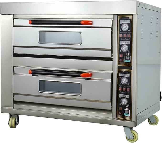 13.2KW Commercial Double Deck Oven Movable Stainless Steel Pizza Oven 20℃-400℃(68℉-752℉) Independent Temperature Control with 4 Baking Sheets For Commercial Baking 220V/3PH