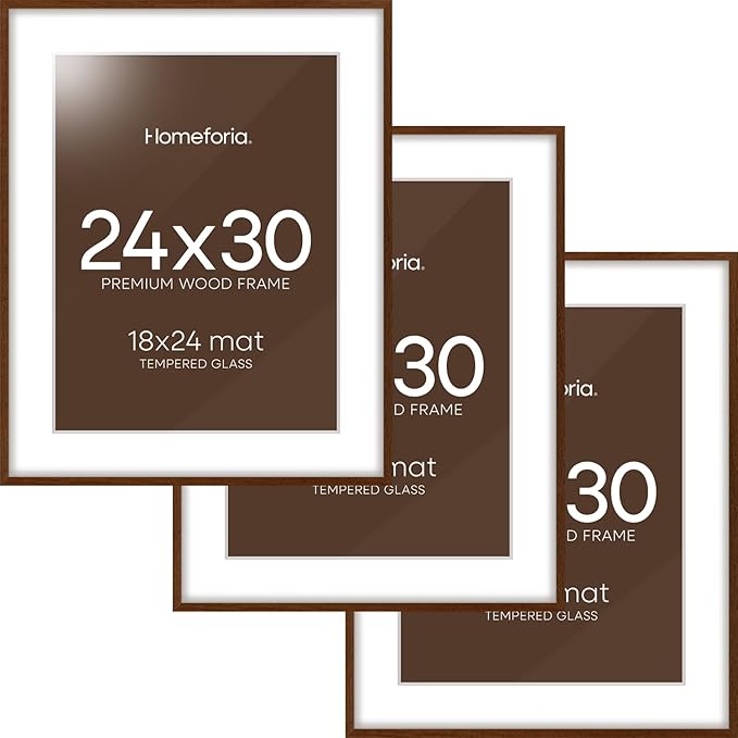 Homeforia 24x30 Walnut Frame, High End Oak 24 x 30 Wooden Poster Frame with Mat 18 x 24, 30x24 Large Picture Frames for Wall, 24x30 Brown Wood Frame Matted to 18x24, Tempered Glass, Wall Kit, Set of 3
