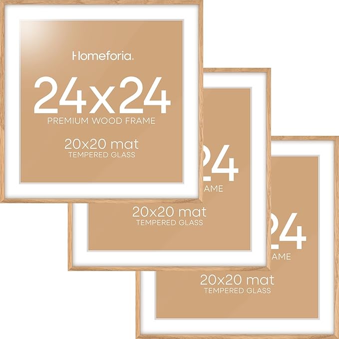 Homeforia 24x24 Wood Picture Frame, High End Natural Oak 24 x 24 Square Light Wooden Poster Frame with Mat 20 by 20 Photo, 24by24 Large Frames Matted to 20x20 Print, Tempered Glass, Wall Kit, Set of 3