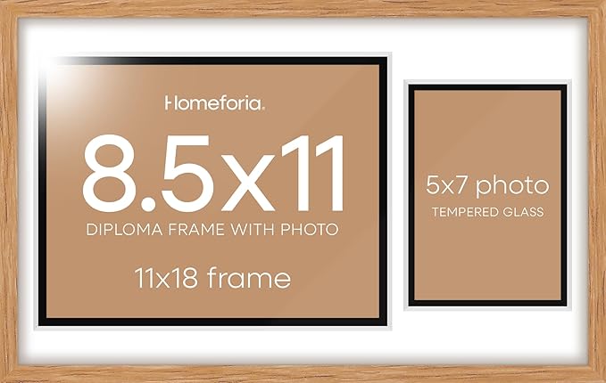 Homeforia 11x18 Diploma Frame with Photo, High End Natural Oak 11 x 18 Certificate Wood Frames with Mat 8.5x11 Diploma and 5x7 Picture, 18x11 Wooden Document Frames, Tempered Glass, Wall Kit, Set of 1
