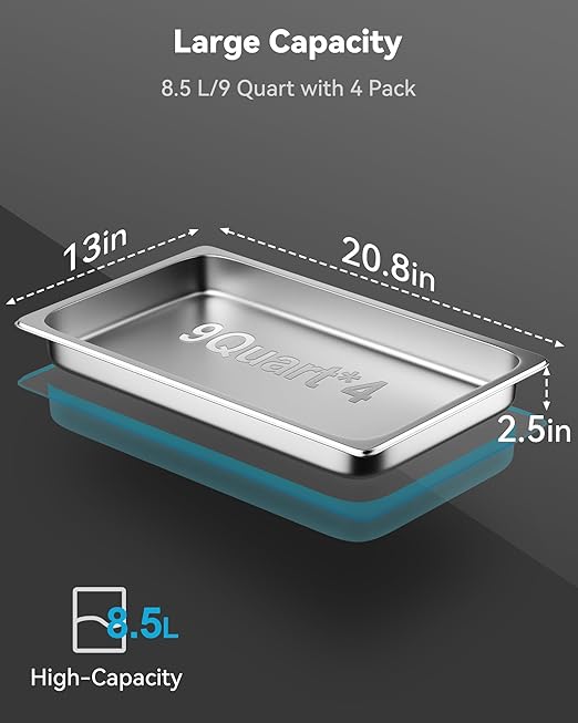 4 Pack Full Size Hotel Pans with Lids, 2.5" Deep Stainless Steel Steam Table Pan with Lid, 22 Gauge Anti Jam Commercial Catering Food Pans for Hotel, Home, Party, Restaurant, Buffet