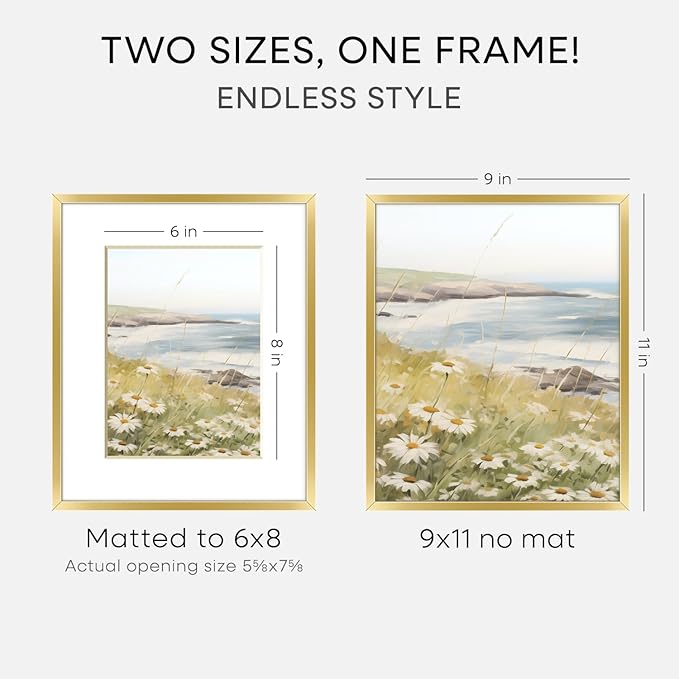 Homeforia 9x11 Gold Frame, High End Metal 9 x 11 Picture Frames with Mat 6 by 8 inch Photo, 9by11 Thin Poster Frame Matted to 6x8 Print, 11x9 Wall or Tabletop Frame, Tempered Glass, Wall Kit, Set of 2