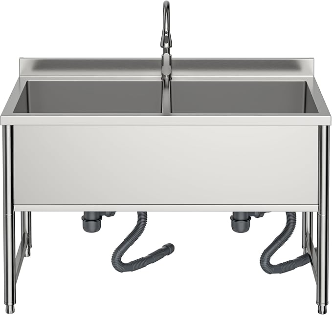 47" Stainless Steel Commercial Sink 2 Bowl Freestanding Kitchen Sink with Pull-out Faucet, Large Utility Sink for Kitchen, Dishwashing, Thawing, Laundry Room, Garage, Outdoor, Total Capacity 50 Gallon
