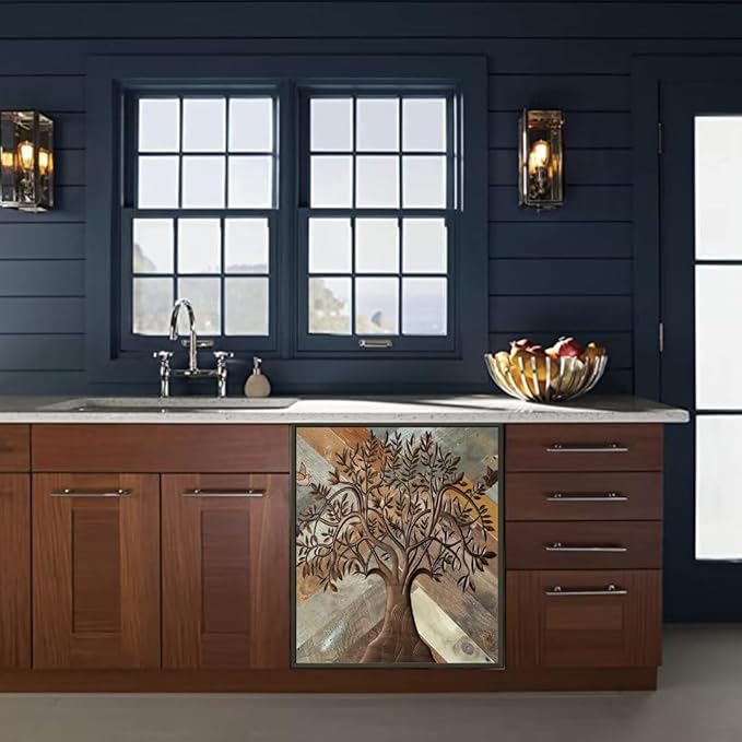 Stainless Steel Tree of Life Dishwasher Magnet Cover for Front, Wooden Door Magnetic Refrigerator Cover Skin Decor, Birds Dishwasher Panel Decal, Magnetic 23" x 26"