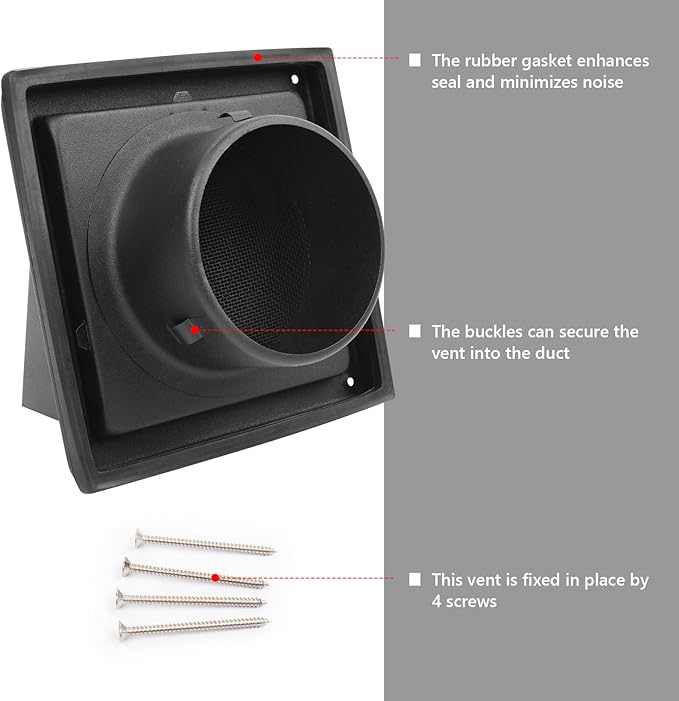 4 Inch Black Dryer Vent Cover Outside Stainless Steel Wall Vent with Removable Cover and Insect Screen Mesh RAL9011
