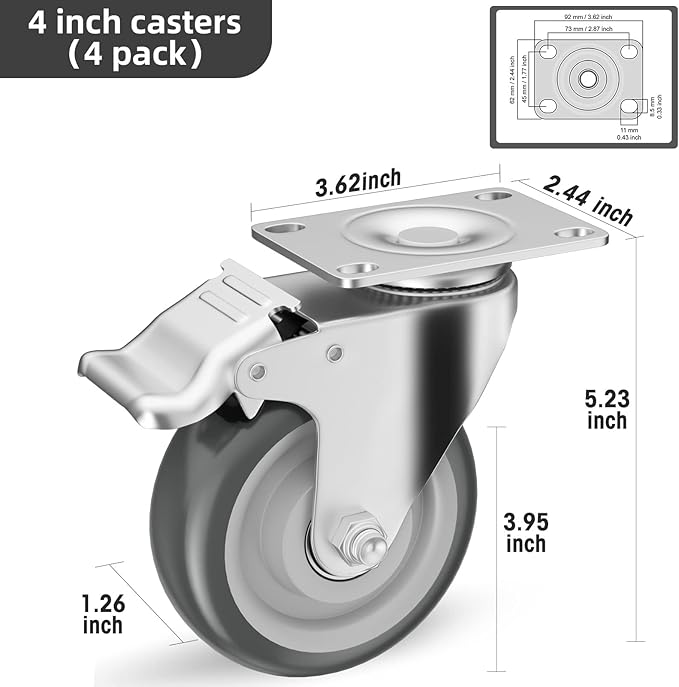 4 inch Caster Wheels, Casters Set of 4 Heavy Duty - CLOATFET Locking Swivel Casters with Brake (Top Plate), Non Marking Grey TPR Rubber Castor Wheels for Cart Furniture Workbench