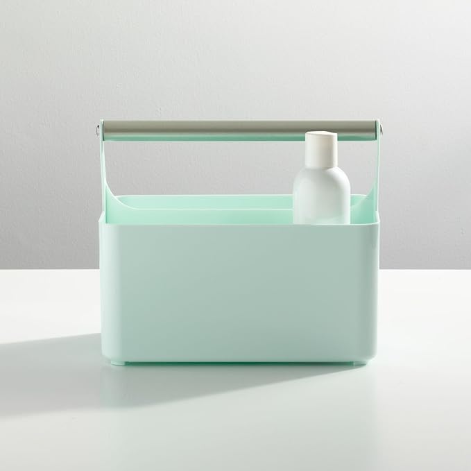 mDesign Plastic Shower Caddy Storage Organizer Utility Tote, Divided Basket Bin - Metal Handle for Bathroom, Dorm, Kitchen, Holds Soap, Shampoo, Conditioner - Aura Collection - Mint Green/Satin