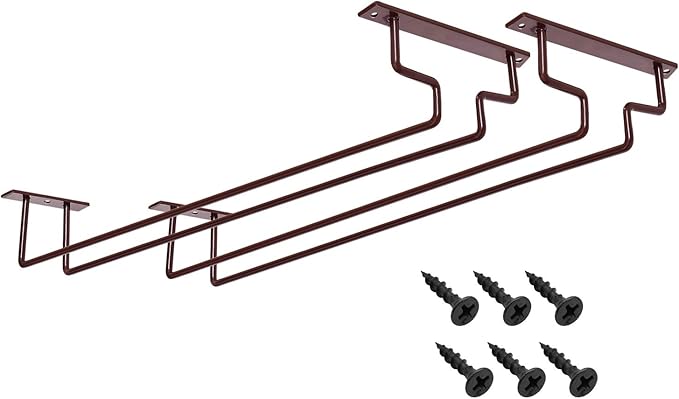 MOCOUM 2 Pack 15.6" Wine Glass Rack Under Cabinet Stemware Rack, Hanger Hold Up To 10 Wine Glasses for Cabinet Kitchen Bar (Brown, 2 pack)