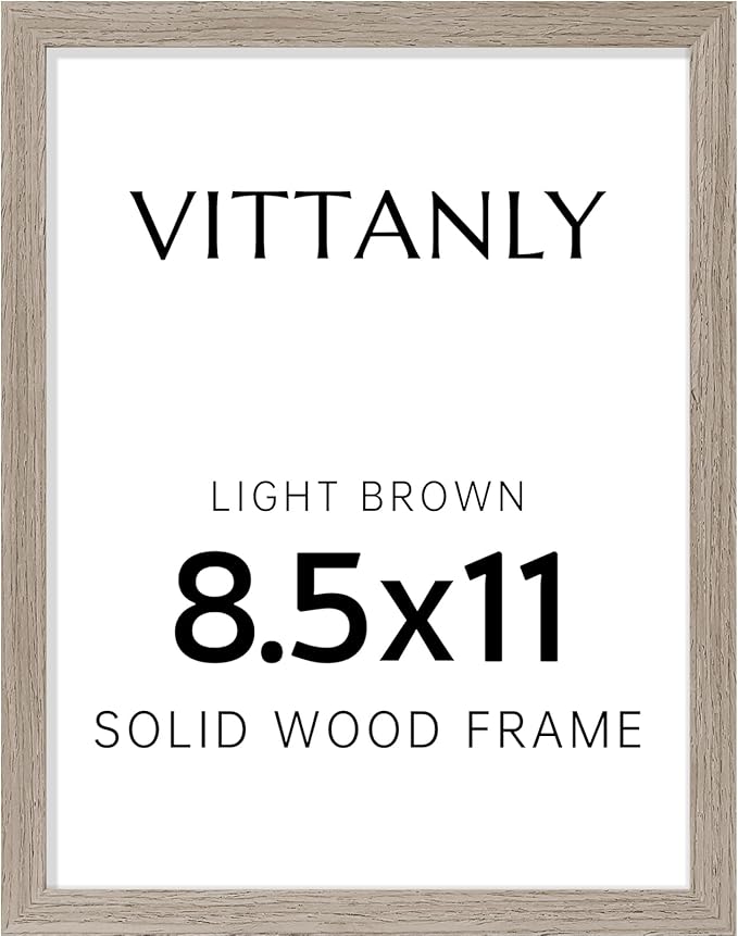 Vittanly 8.5x11 Picture Frame, Solid Wood Frame with Plexiglass, Includes 6x8 Mat, Wall Hanging or Tabletop for Photos, Home Decor, Light Brown, 1 Pack