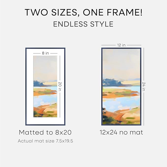 Homeforia 12x24 Navy Blue Picture Frame, High End Metal 12x24 Poster Frames with Mat 8x20 Photo, 12 x 24 Navy Blue Frame Matted to 8 x 20 Art, 24x12 Panoramic Frame, Tempered Glass, Wall Kit, Set of 2