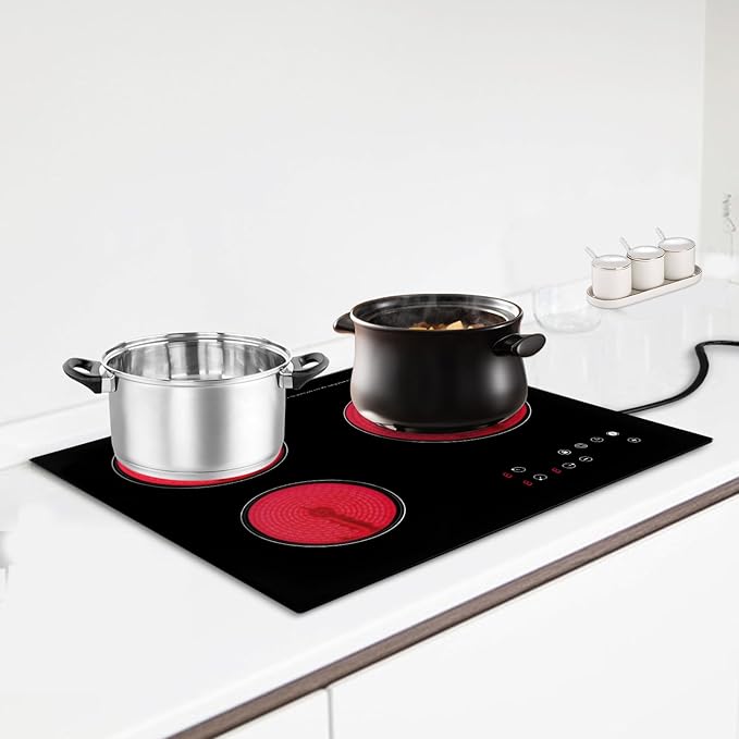 3 Burner Electric Ceramic Cooktop, 2600W Built-in Stove Top 110V Countertop Electric Induction with Timer, Child Safety Lock, Sensor Touch Control for Iron Pots, Stainless Steel Pots