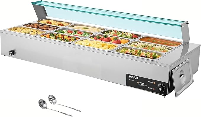 VEVOR Commercial Food Warmer, 1700W Electric Stainless Steel Steam Food Warmer with Glass Cover, 12-Pan Countertop Buffet Bain Marie with Soup & Perforated Ladles, for Catering, Restaurant & Party