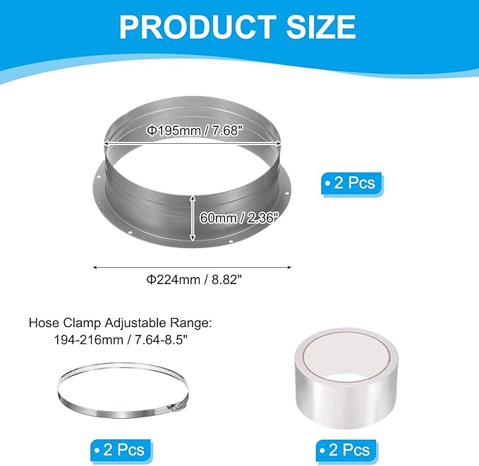 PATIKIL 8 Inch Duct Connector Flange, 2 Pack Galvanized Iron Straight Pipe Flange Dryer Vent Connector with Clamp for Air Heating Cooling Ventilation HVAC System, Silver