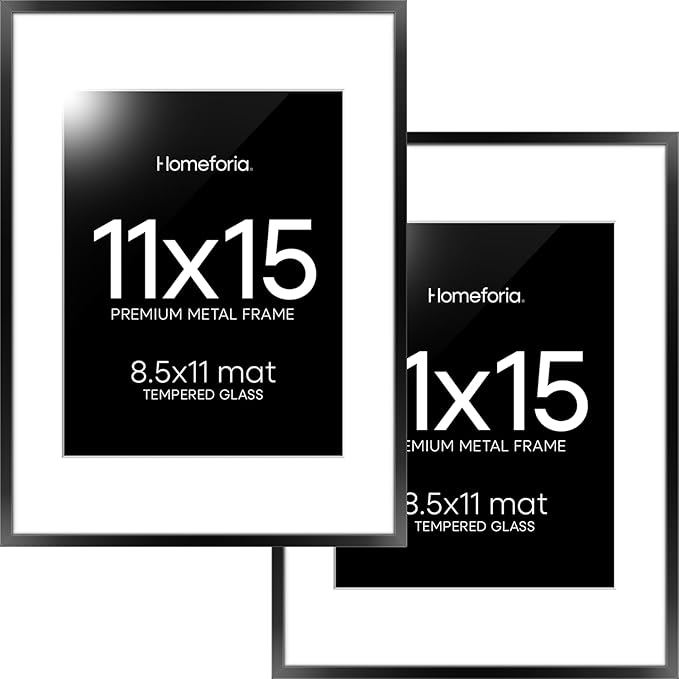 Homeforia Black 11x15 Picture Frame, High End Metal 11x15 Poster Frames with Mat 8.5x11, 11 x 15 Black Frames Matted to 8.5 x 11 inch Photo, 11 by 15 Hanging Frames, Tempered Glass, Wall Kit, Set of 2