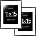 Homeforia Black 11x15 Picture Frame, High End Metal 11x15 Poster Frames with Mat 8.5x11, 11 x 15 Black Frames Matted to 8.5 x 11 inch Photo, 11 by 15 Hanging Frames, Tempered Glass, Wall Kit, Set of 2