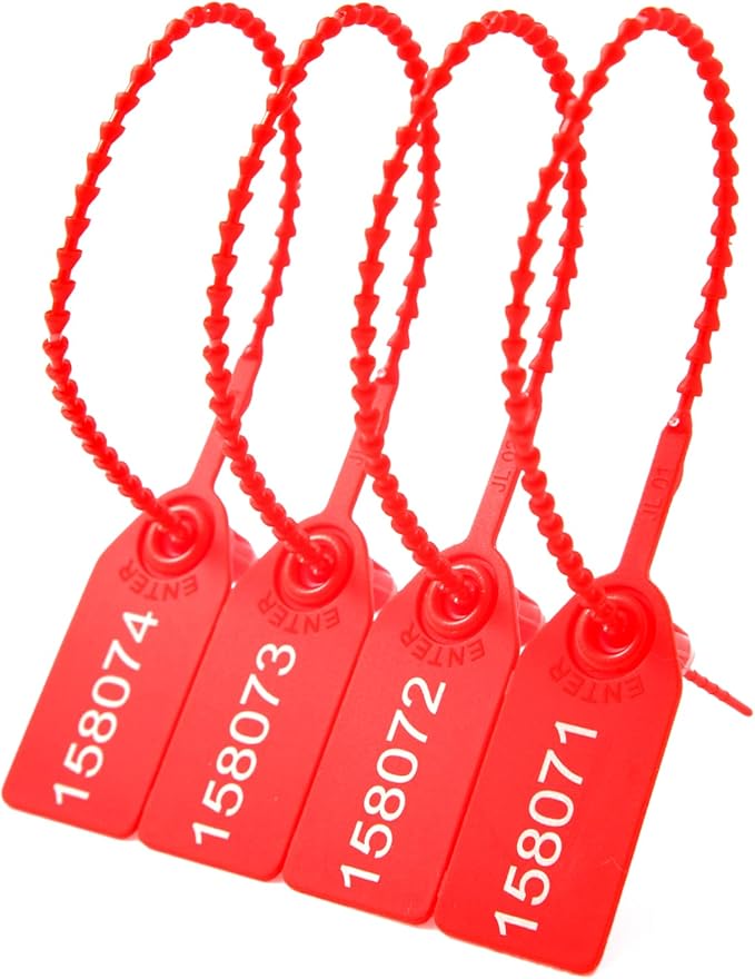 100 Plastic Tamper Seals Fire Extinguisher Tags Numbered Zip Ties Pull Tite Security Tags Disposable Self-Locking Safety Ties (Red)