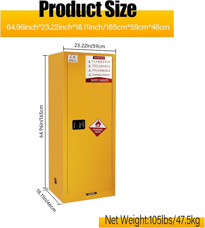 Flammable Storage Cabinet 50 Gallon Yellow, Galvanized Steel Heavy-Duty Hazardous Storage Cabinet, Dual Vents & 3-Point Lock for Warehouses, Industrial Use & Residential Garages